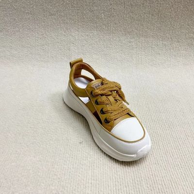 Yellow Leather Flat Sandals With Round Head Lace Up For Summer