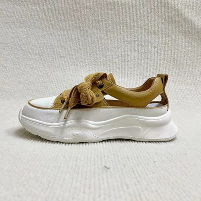 Yellow Leather Flat Sandals With Round Head Lace Up For Summer