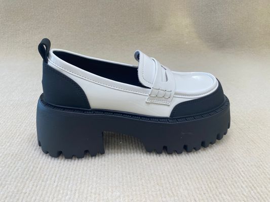 Black White Thick Sole Loafers Womens British Style Thick Soled Leather Loafers