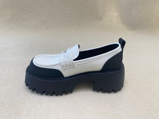 Black White Thick Sole Loafers Womens British Style Thick Soled Leather Loafers