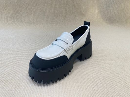 Black White Thick Sole Loafers Womens British Style Thick Soled Leather Loafers
