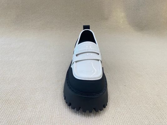 Black White Thick Sole Loafers Womens British Style Thick Soled Leather Loafers