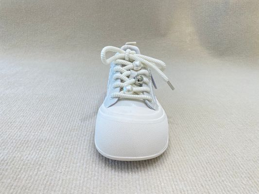 Heightening Sneakers PU White Leather Espadrilles With Pearl Flower