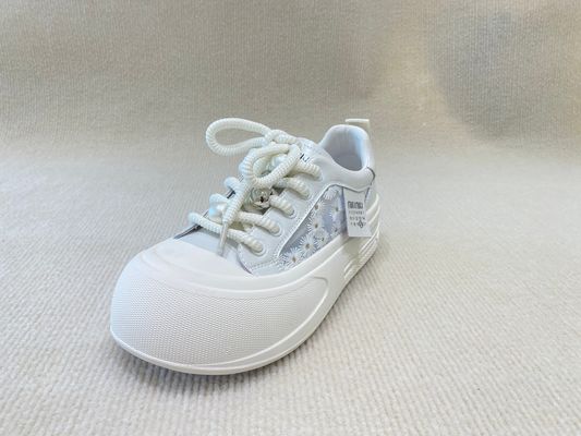 Heightening Sneakers PU White Leather Espadrilles With Pearl Flower