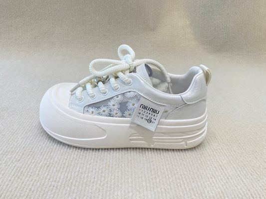 Heightening Sneakers PU White Leather Espadrilles With Pearl Flower