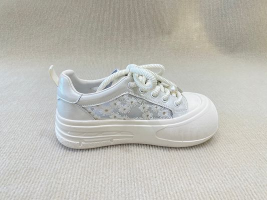 Heightening Sneakers PU White Leather Espadrilles With Pearl Flower