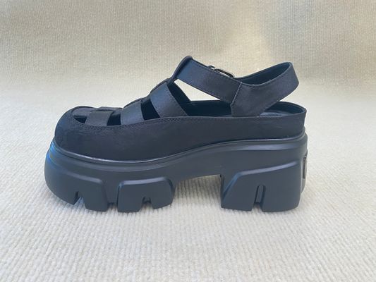 Genuine Leather Womens Black Platform Sandals Heightening