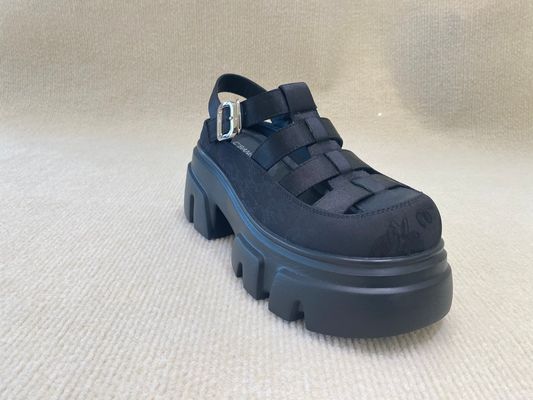 Genuine Leather Womens Black Platform Sandals Heightening