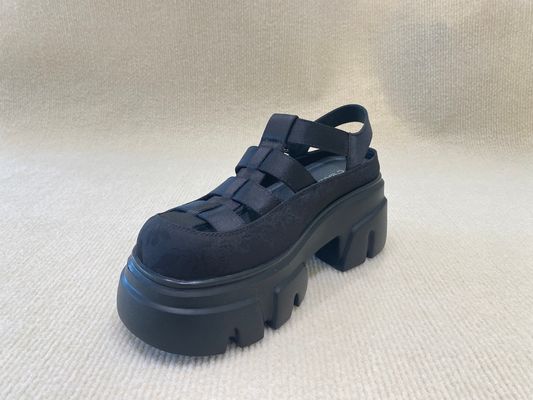 Genuine Leather Womens Black Platform Sandals Heightening