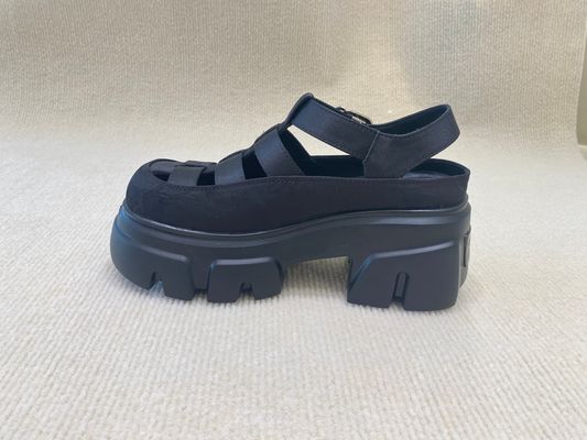 Genuine Leather Womens Black Platform Sandals Heightening