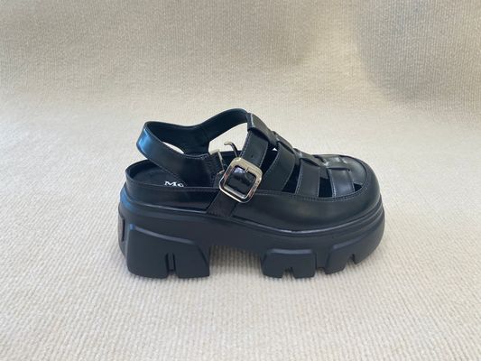 Belt Buckle Braided Black Platform Sandals Bowhead Hollow Out And Foam Outsole