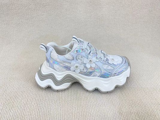 Silver Lace Pearl Women Sneakers Mesh Turbo Shoes Casual And Running