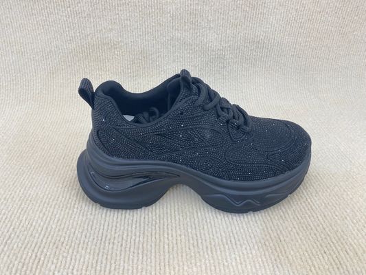 Black Ladies Bling Trainers Pigskin Insole Rhinestone Sneaker