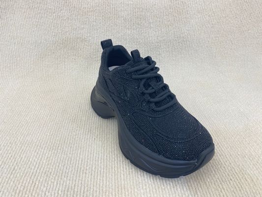 Black Ladies Bling Trainers Pigskin Insole Rhinestone Sneaker