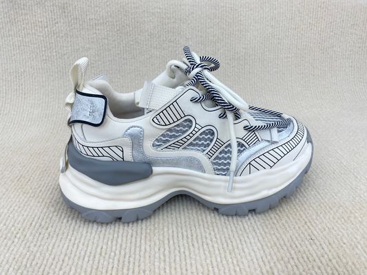 Women white fashion sneakers with mesh upper authentic leather and lacing
