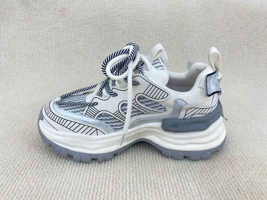 Women white fashion sneakers with mesh upper authentic leather and lacing