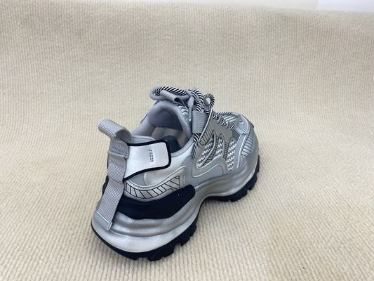 Fashion Comfort Sneakers With Mesh Upper Authentic Leather And Lacing Silver
