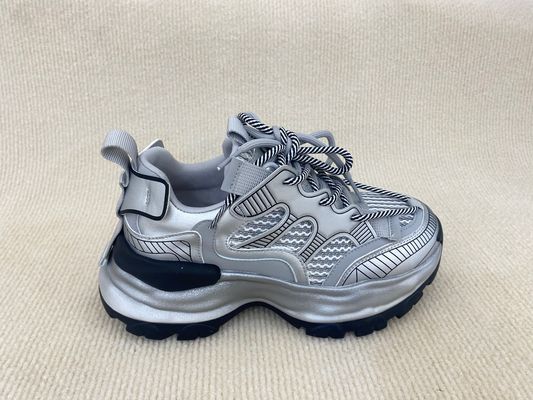 Fashion Comfort Sneakers With Mesh Upper Authentic Leather And Lacing Silver