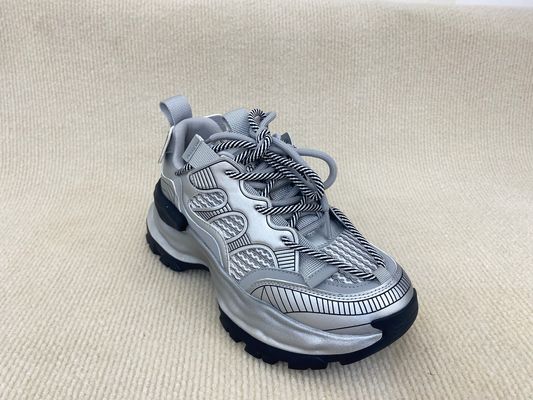 Fashion Comfort Sneakers With Mesh Upper Authentic Leather And Lacing Silver