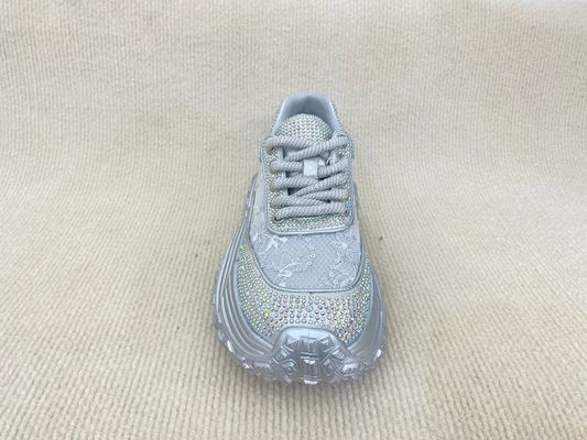 Women silver leather sneakers with bling crystal and breathable mesh upper lacing