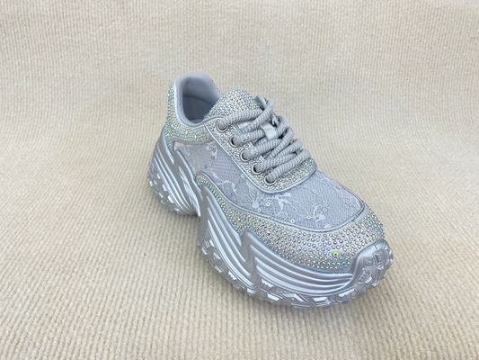 Women silver leather sneakers with bling crystal and breathable mesh upper lacing