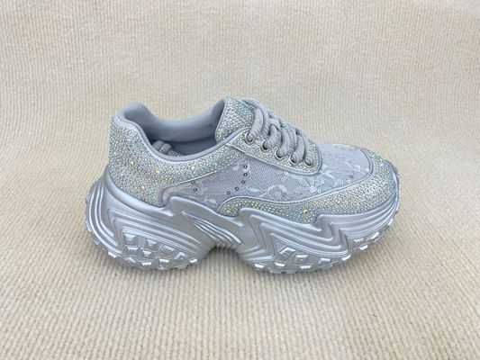 Women silver leather sneakers with bling crystal and breathable mesh upper lacing