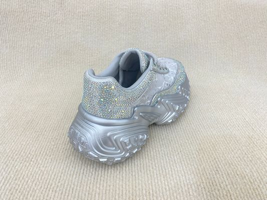 Women silver leather sneakers with bling crystal and breathable mesh upper lacing