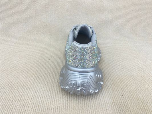Women silver leather sneakers with bling crystal and breathable mesh upper lacing