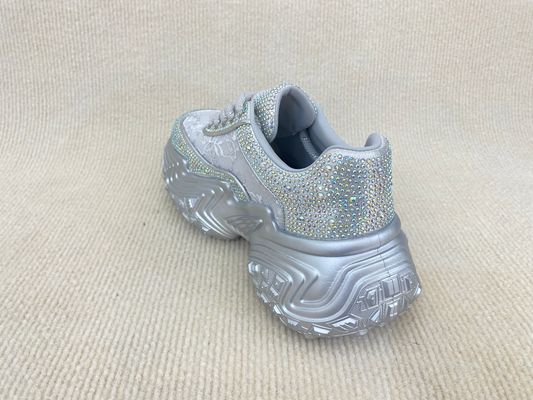 Women silver leather sneakers with bling crystal and breathable mesh upper lacing