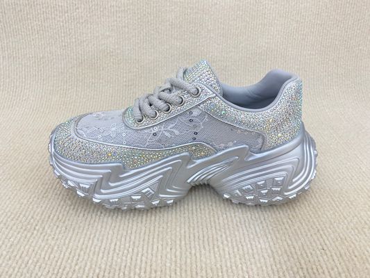 Women silver leather sneakers with bling crystal and breathable mesh upper lacing