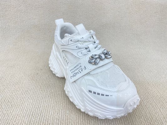 Women white flat fashion sneakers with paillette crystal breathable mesh and low cut