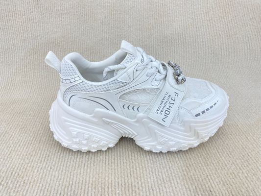 Women white flat fashion sneakers with paillette crystal breathable mesh and low cut