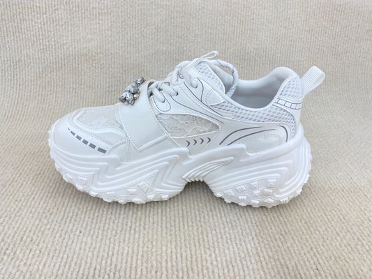 Women white flat fashion sneakers with paillette crystal breathable mesh and low cut
