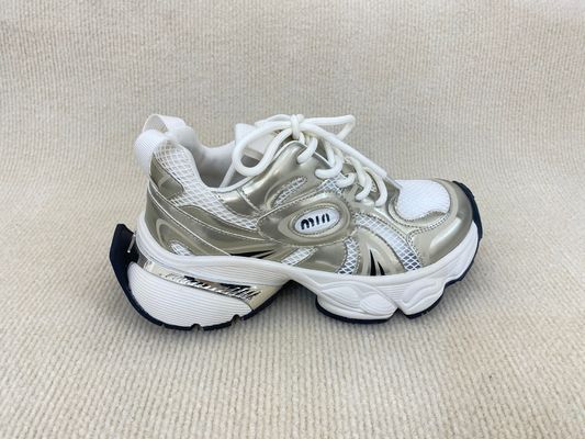 Lacing PU Gold Leather Sneakers With Script Mesh Upper Women Sneakers