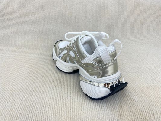 Lacing PU Gold Leather Sneakers With Script Mesh Upper Women Sneakers
