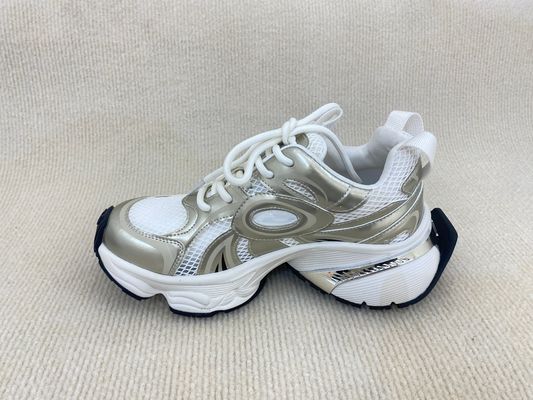 Lacing PU Gold Leather Sneakers With Script Mesh Upper Women Sneakers