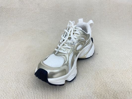 Lacing PU Gold Leather Sneakers With Script Mesh Upper Women Sneakers