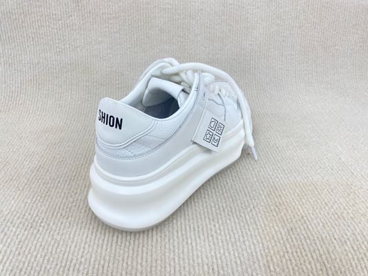 Women white sneakers with thick soled and breathable mesh upper genuine leather