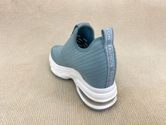 Women blue platform flyknit loafers with breathable mesh upper microfiber and heightening
