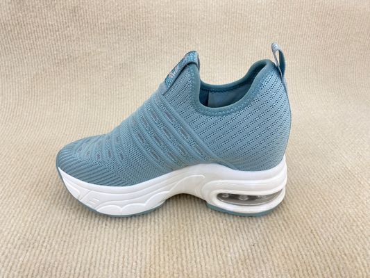 Women blue platform flyknit loafers with breathable mesh upper microfiber and heightening