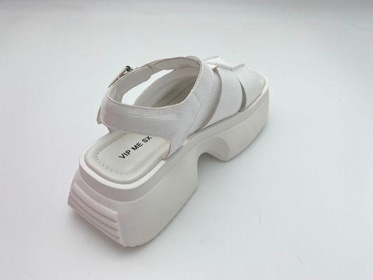 Women white sandals with thick soled and metal button genuine leather