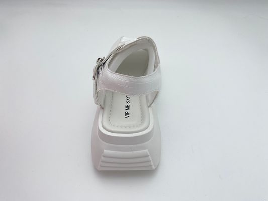 Women white sandals with thick soled and metal button genuine leather