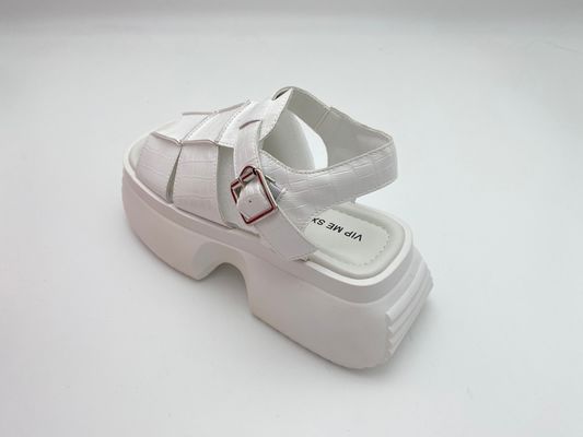 Women white sandals with thick soled and metal button genuine leather