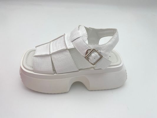 Women white sandals with thick soled and metal button genuine leather