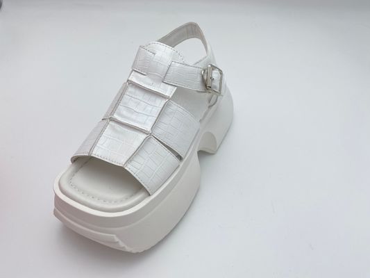 Women white sandals with thick soled and metal button genuine leather