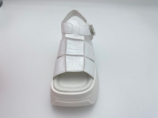 Women white sandals with thick soled and metal button genuine leather