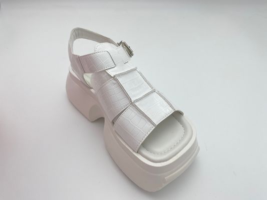Women white sandals with thick soled and metal button genuine leather