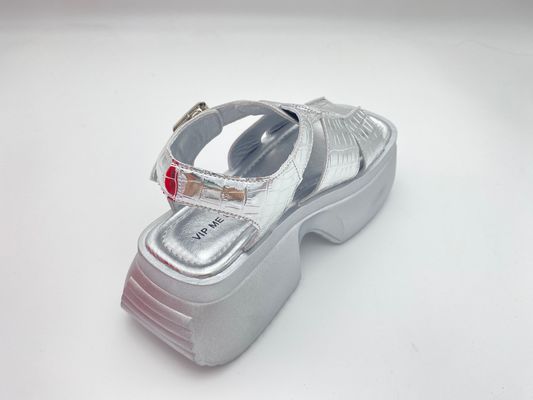 Women summer silver thick soled sandals with metal button genuine leather comfort