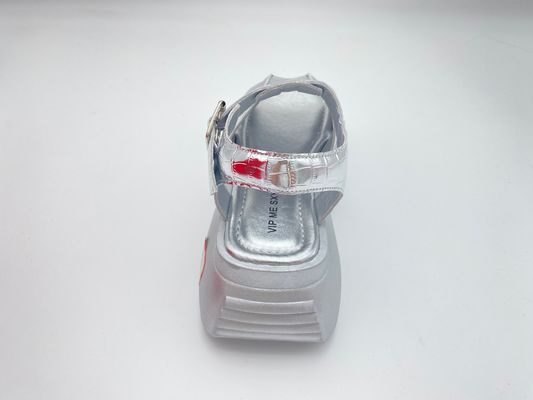 Women summer silver thick soled sandals with metal button genuine leather comfort