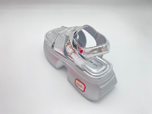 Women summer silver thick soled sandals with metal button genuine leather comfort